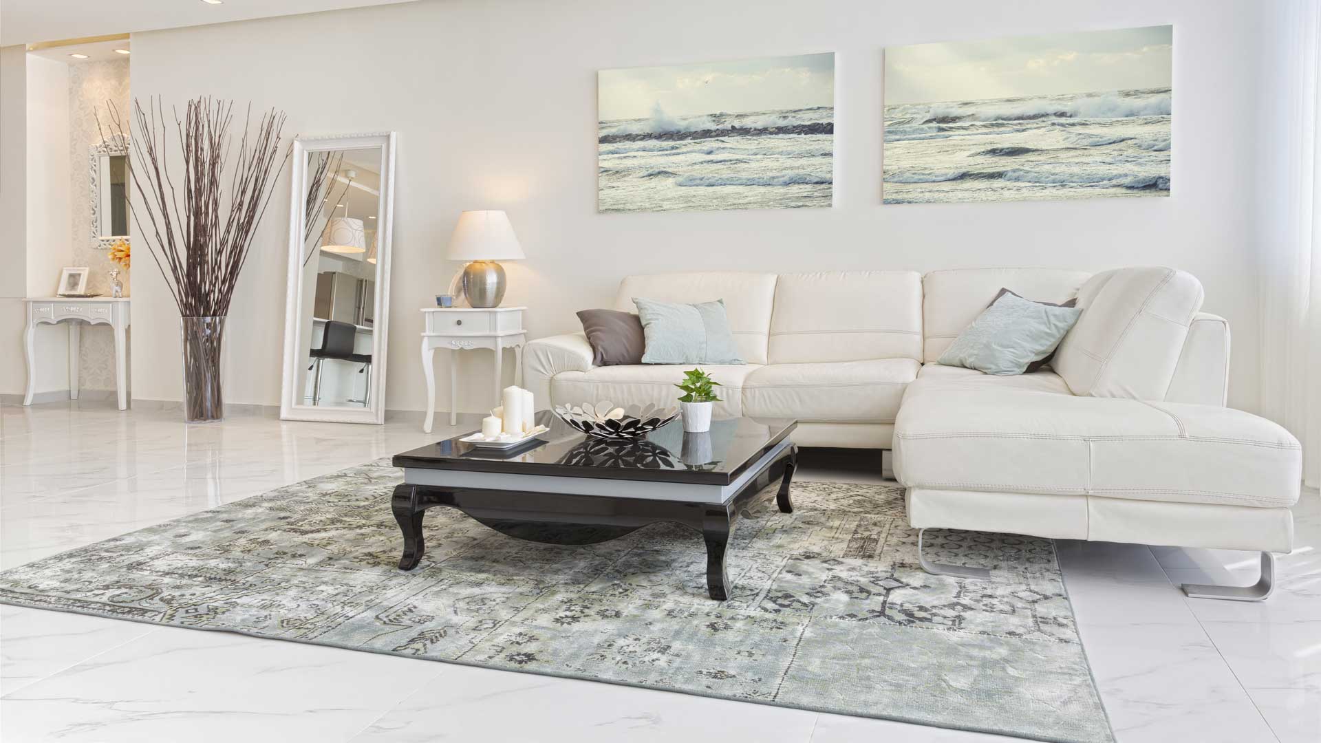 A light silk-look rug in a white living room
