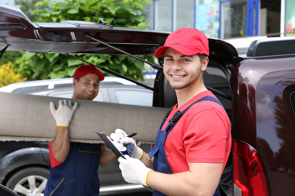 Two smiling movers with a clipboard beside a van